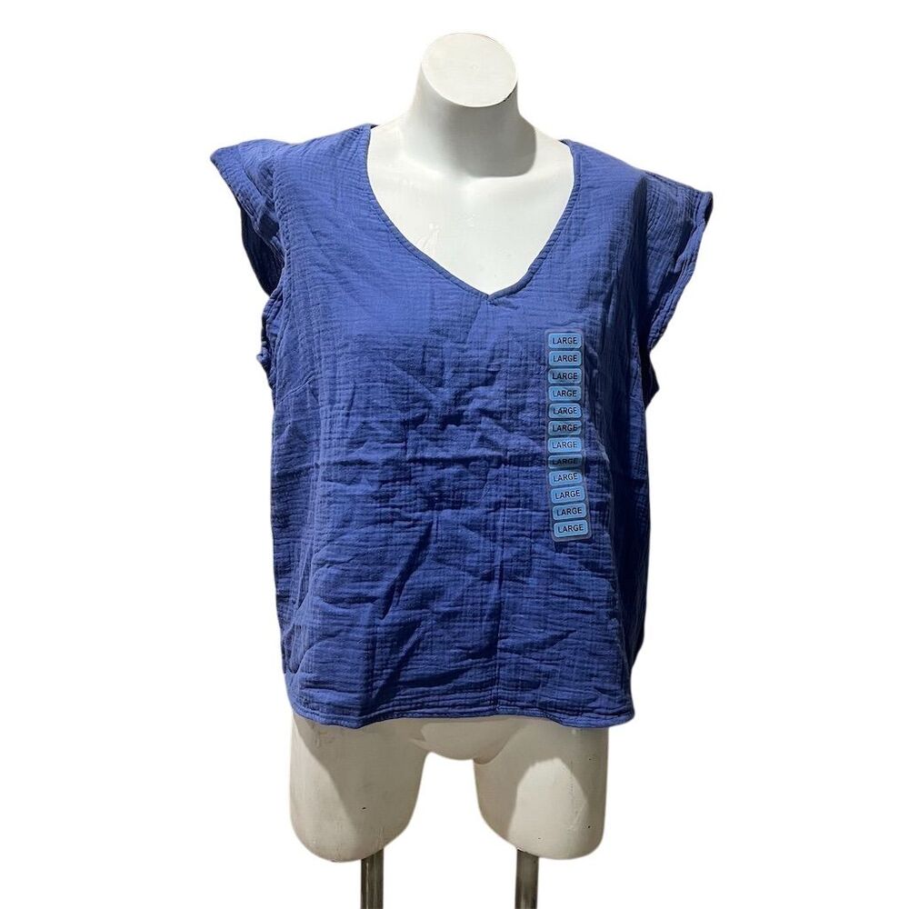Three Dots Women's V-Neck Blouse Size L Periwinkle Blue Casual Top